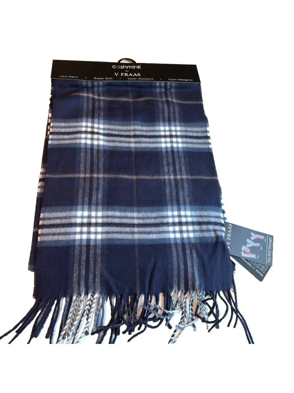 V. Fraas Cashmink Men's Classic Plaid Scarf Navy Super Soft Fringe Germany 80X12
